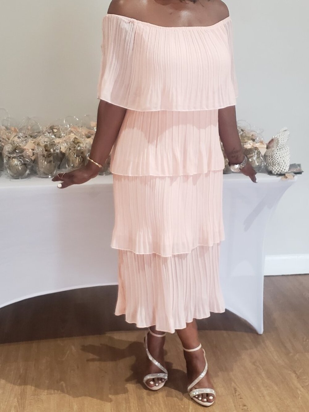 Peach Blush Pleated Tiered Maxi Off Shoulder Ruffle Dress